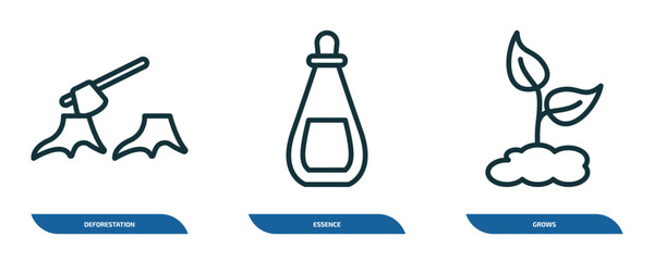 Poster - set of 3 linear icons from nature concept. outline icons such as deforestation, essence, grows vector
