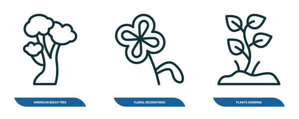 Poster - set of 3 linear icons from nature concept. outline icons such as american beech tree, floral decorations, plants growing vector