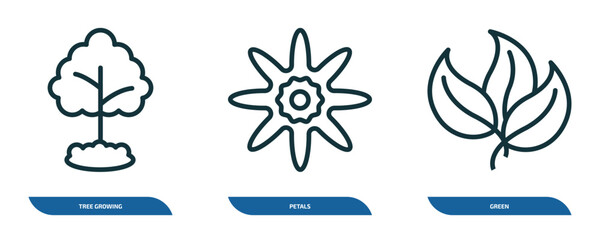 Poster - set of 3 linear icons from nature concept. outline icons such as tree growing, petals, green vector