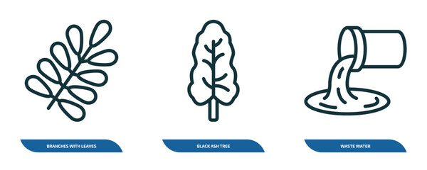 Poster - set of 3 linear icons from nature concept. outline icons such as branches with leaves, black ash tree, waste water vector