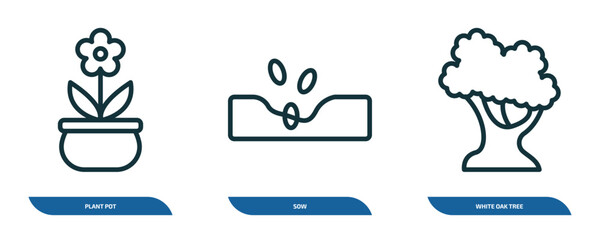 Poster - set of 3 linear icons from nature concept. outline icons such as plant pot, sow, white oak tree vector