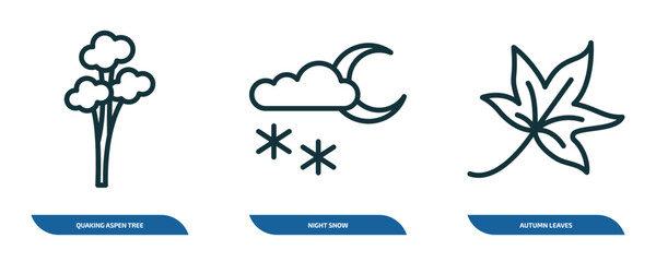Poster - set of 3 linear icons from nature concept. outline icons such as quaking aspen tree, night snow, autumn leaves vector