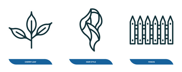 Poster - set of 3 linear icons from nature concept. outline icons such as cherry leaf, hair style, fences vector