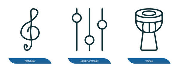 Poster - set of 3 linear icons from music and media concept. outline icons such as treble clef, music player tings, timpani vector