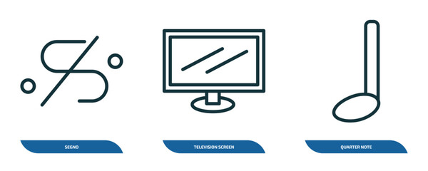 Poster - set of 3 linear icons from music and media concept. outline icons such as segno, television screen off, quarter note vector
