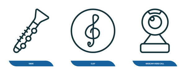 Poster - set of 3 linear icons from music and media concept. outline icons such as oboe, clef, webcam video call vector