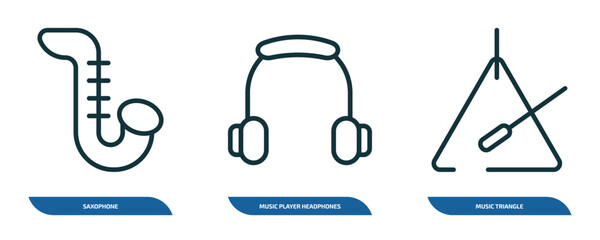 Poster - set of 3 linear icons from music and media concept. outline icons such as saxophone, music player headphones, music triangle vector