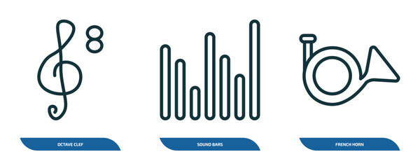 Poster - set of 3 linear icons from music and media concept. outline icons such as octave clef, sound bars, french horn vector