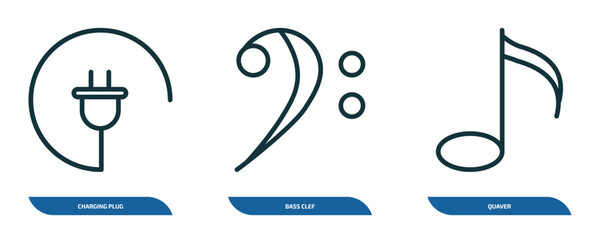 Poster - set of 3 linear icons from music and media concept. outline icons such as charging plug, bass clef, quaver vector