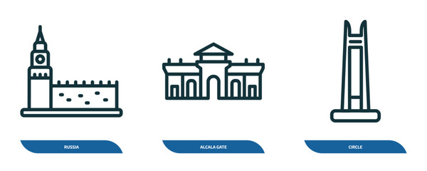 Poster - set of 3 linear icons from monuments concept. outline icons such as russia, alcala gate, circle vector