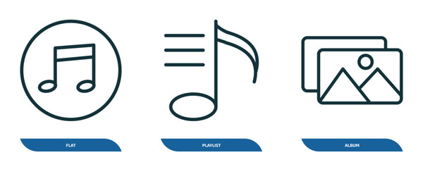 Poster - set of 3 linear icons from music and media concept. outline icons such as flat, playlist, album vector