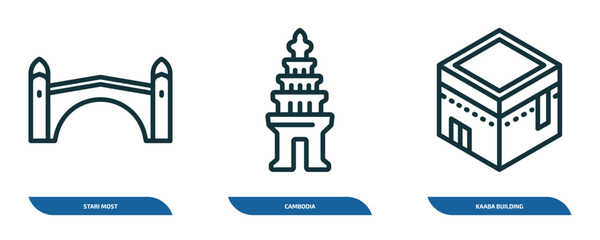 Poster - set of 3 linear icons from monuments concept. outline icons such as stari most, cambodia, kaaba building vector