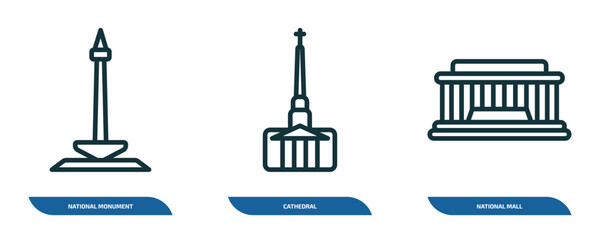 Poster - set of 3 linear icons from monuments concept. outline icons such as national monument monas, cathedral, national mall vector