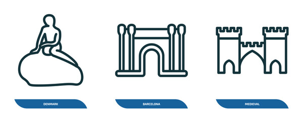Poster - set of 3 linear icons from monuments collection. concept. outline icons such as denmark, barcelona, medieval vector