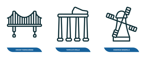Poster - set of 3 linear icons from monuments concept. outline icons such as vincent thomas bridge, temple of apollo, kinderdijk windmills vector