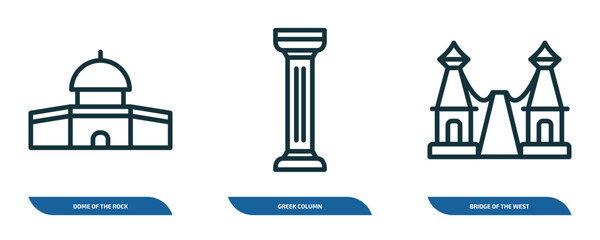 Poster - set of 3 linear icons from monuments concept. outline icons such as dome of the rock, greek column, bridge of the west vector
