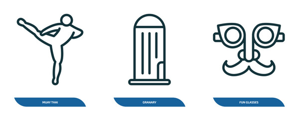 Poster - set of 3 linear icons from miscellaneous concept. outline icons such as muay thai, granary, fun glas