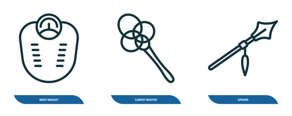 Poster - set of 3 linear icons from miscellaneous concept. outline icons such as body weight, carpet beater, spears vector
