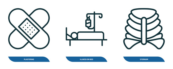 Poster - set of 3 linear icons from medical concept. outline icons such as plastering, illness on bed, sternum vector