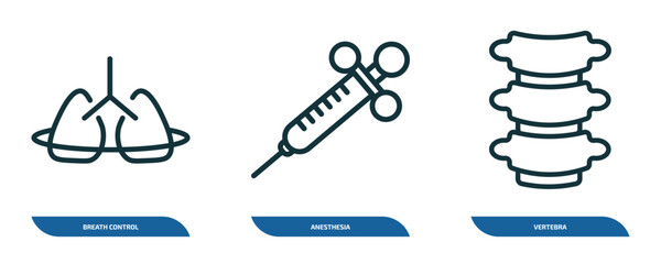 Poster - set of 3 linear icons from medical concept. outline icons such as breath control, anesthesia, vertebra vector