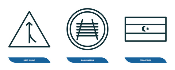 Poster - set of 3 linear icons from maps and flags concept. outline icons such as road joining, rail crossing, square flag vector