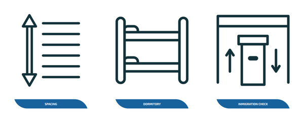 Poster - set of 3 linear icons from maps and flags concept. outline icons such as spacing, dormitory, inmigra