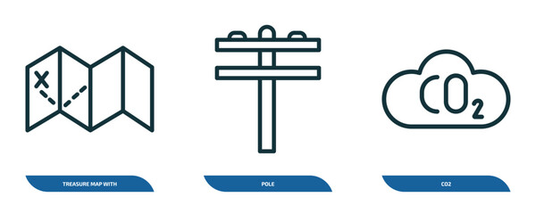 Poster - set of 3 linear icons from maps and flags concept. outline icons such as treasure map with x, pole, co2 vector