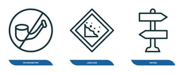 Poster - set of 3 linear icons from maps and flags concept. outline icons such as no smoking pipe, land slide, vintage vector