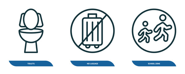 Poster - set of 3 linear icons from maps and flags concept. outline icons such as toilets, no luggage, school zone vector