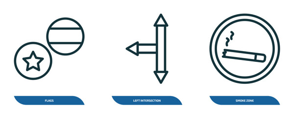 Poster - set of 3 linear icons from maps and flags concept. outline icons such as flags, left intersection, smoke zone vector