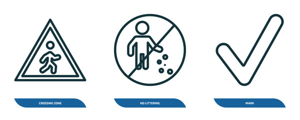 Poster - set of 3 linear icons from maps and flags concept. outline icons such as crossing zone, no littering, mark vector