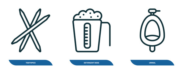 Poster - set of 3 linear icons from hygiene concept. outline icons such as toothpick, detergent dose, urinal vector
