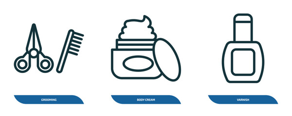 Poster - set of 3 linear icons from hygiene concept. outline icons such as grooming, body cream, varnish vector