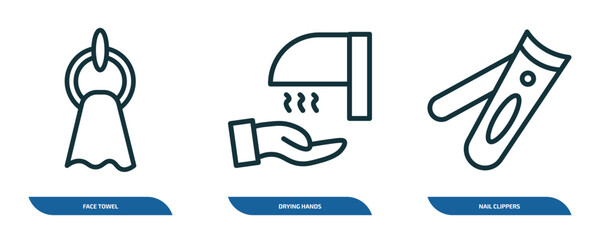 Poster - set of 3 linear icons from hygiene concept. outline icons such as face towel, drying hands, nail clippers vector