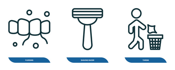 Poster - set of 3 linear icons from hygiene concept. outline icons such as flossing, shaving razor, throw vec