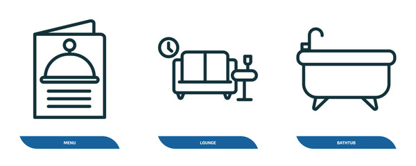 Poster - set of 3 linear icons from hotel concept. outline icons such as menu, lounge, bathtub vector