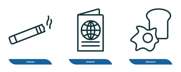 Poster - set of 3 linear icons from hotel and restaurant concept. outline icons such as smoking, passport, breakfast vector