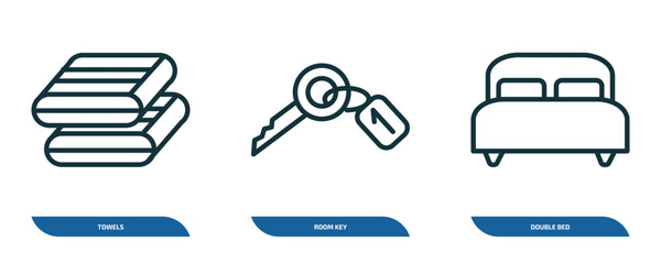 Poster - set of 3 linear icons from hotel and restaurant concept. outline icons such as towels, room key, double bed vector