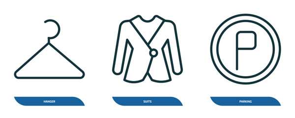 Poster - set of 3 linear icons from hotel and restaurant concept. outline icons such as hanger, suits, parking vector