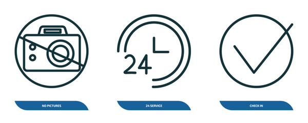 Poster - set of 3 linear icons from hotel and restaurant concept. outline icons such as no pictures, 24 service, check in vector