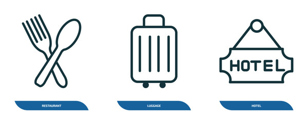 Poster - set of 3 linear icons from hotel and restaurant concept. outline icons such as restaurant, luggage, 