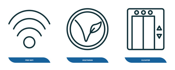 Poster - set of 3 linear icons from hotel and restaurant concept. outline icons such as free wifi, vegetarian, elevator vector
