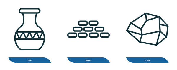 Poster - set of 3 linear icons from history concept. outline icons such as vase, bricks, stone vector
