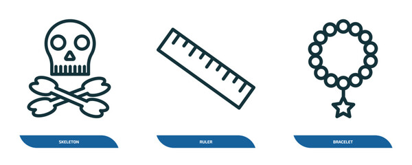 Poster - set of 3 linear icons from history concept. outline icons such as skeleton, ruler, bracelet vector