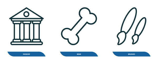 Poster - set of 3 linear icons from history collection. concept. outline icons such as museum, bone, brushes 