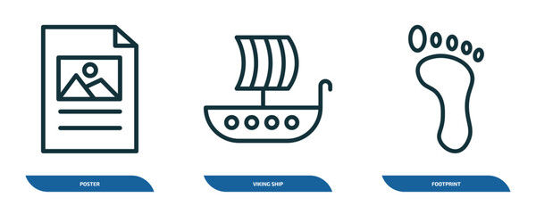 Poster - set of 3 linear icons from history concept. outline icons such as poster, viking ship, footprint vector