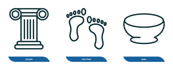 Poster - set of 3 linear icons from history concept. outline icons such as column, foot print, bowl vector