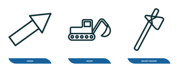 Poster - set of 3 linear icons from history concept. outline icons such as arrow, digger, ancient weapon vector
