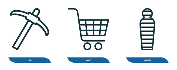 Poster - set of 3 linear icons from history concept. outline icons such as pick, cart, mummy vector