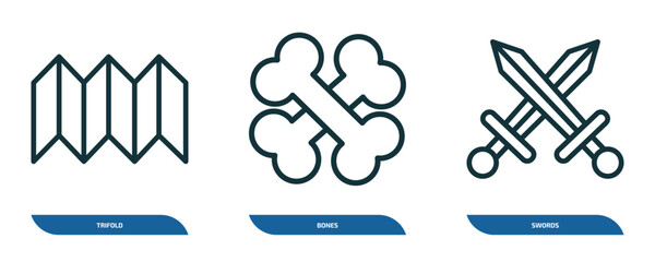 Poster - set of 3 linear icons from history collection. concept. outline icons such as trifold, bones, swords vector